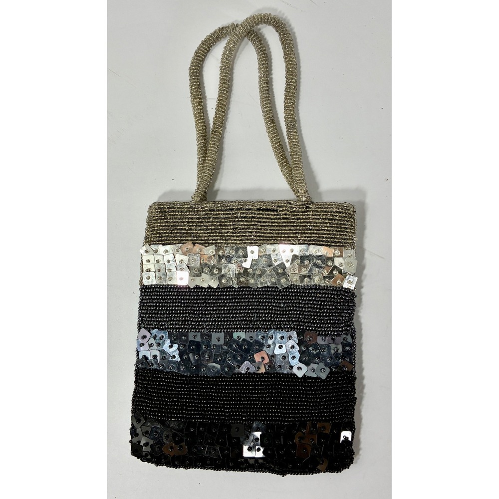 Vintage Beaded Sequin Mini Tote Bag Striped Metallic Evening Purse Black Silver